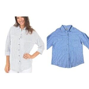 Wild Palms Button Oversize Slub-Knit Shirt Top Size S NWOT Blue Striped 3/4-Slv